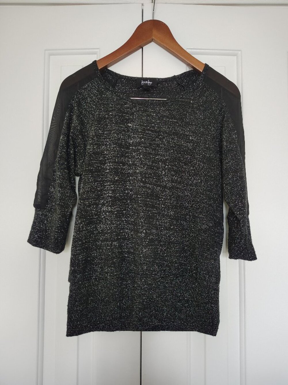 Y2K Metallic 3/4 Sleeve Blouse with Black Mesh Panels